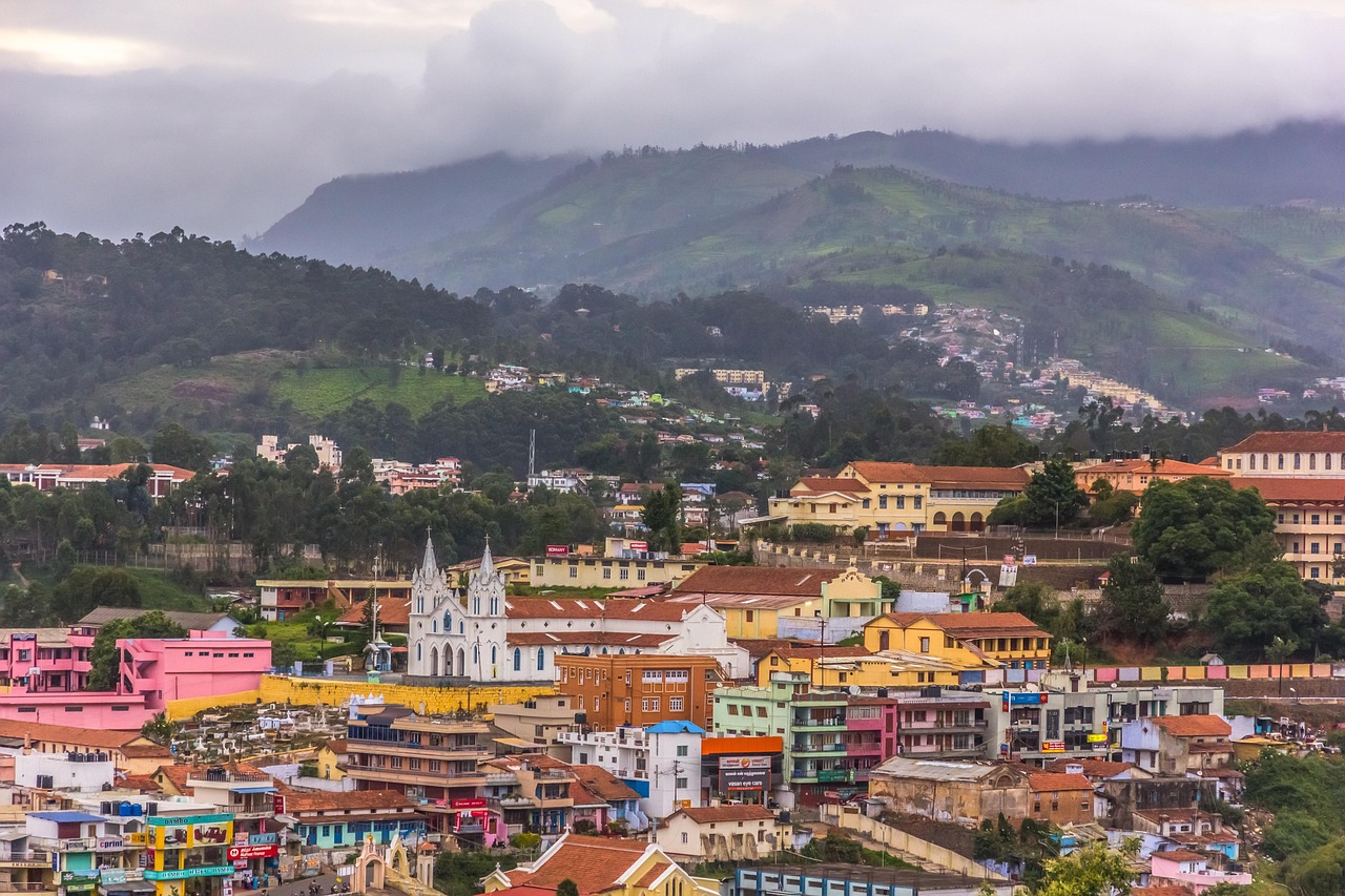 landscape, nature, cityscape, buildings, architecture, coonoor, india, nilgiris, mountains, hills, church, aerial, aerial view, town, hill station, travel, cluster